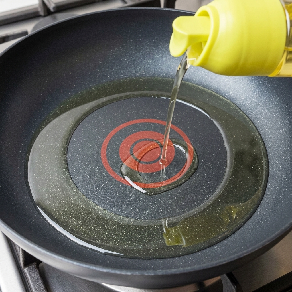 Aceite de cocina siendo vertido desde una botella exprimible con tapa amarilla en una sartén antiadherente de fondo plano precalentada.