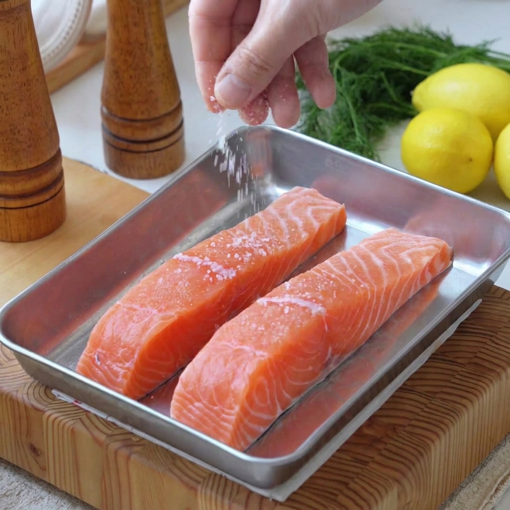 Filetes de salmón fresco sazonados con sal marina gruesa y pimienta negra siendo frotados a mano en una bandeja de acero inoxidable.