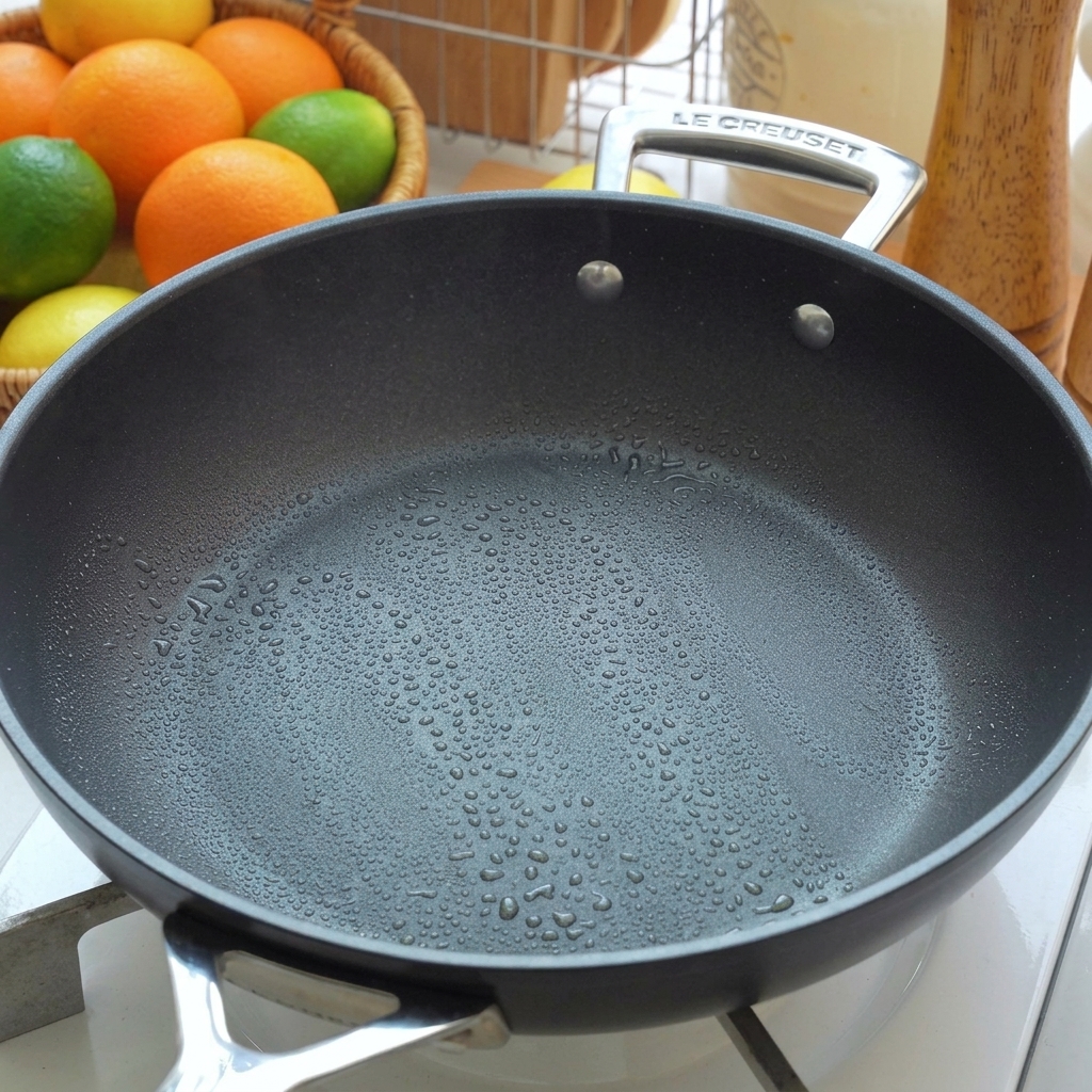 Una sartén antiadherente oscura y caliente cubierta con una fina capa de gotas de aceite de oliva brillante en una estufa.