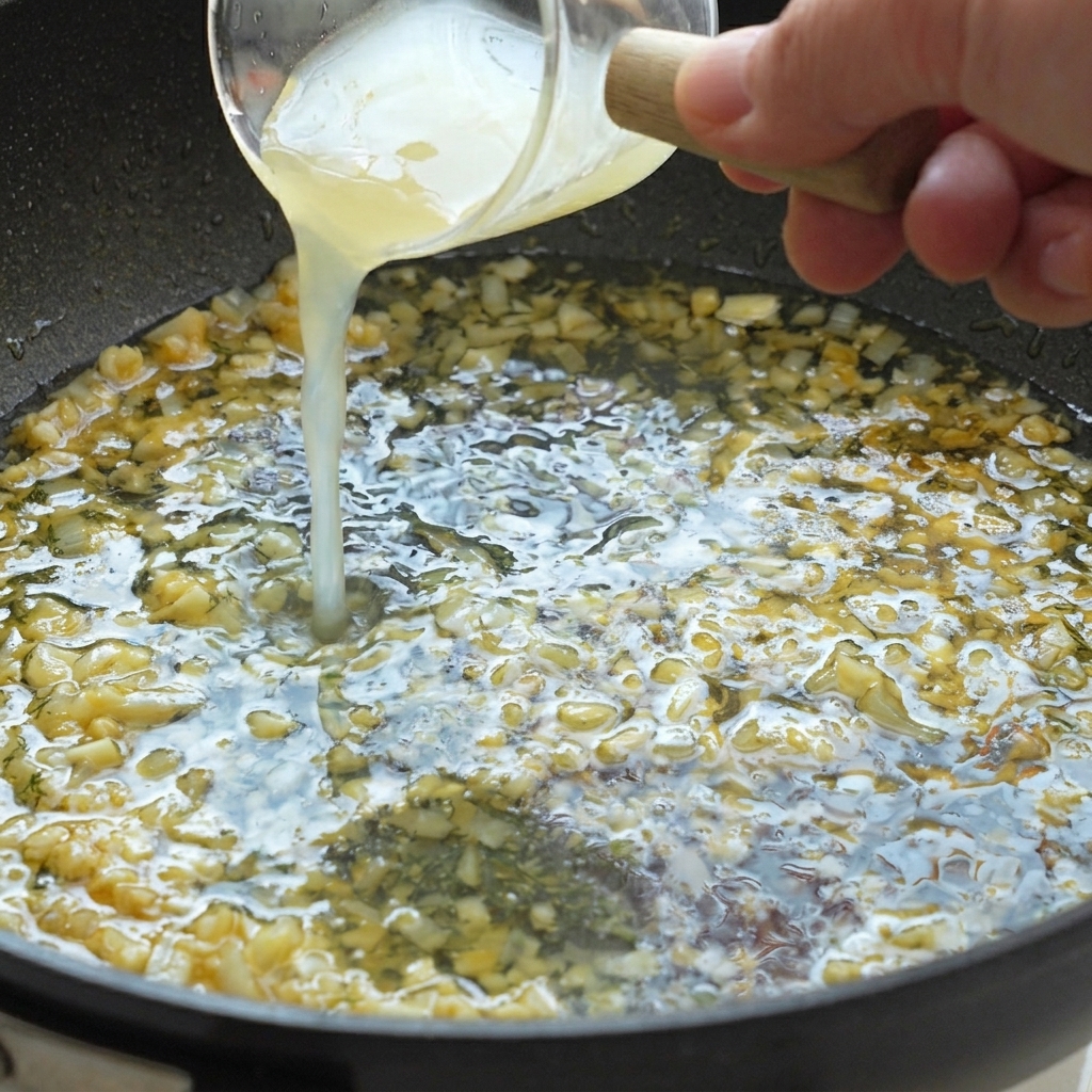 Jugo de limón fresco siendo vertido desde una taza medidora de vidrio en una sartén con ajo y cebollas salteadas.
