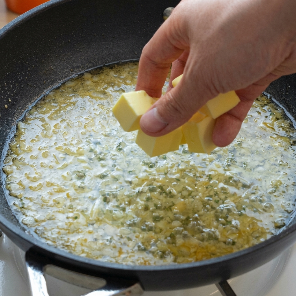 Cubos de mantequilla siendo añadidos a mano en una sartén a fuego lento con salsa de limón.