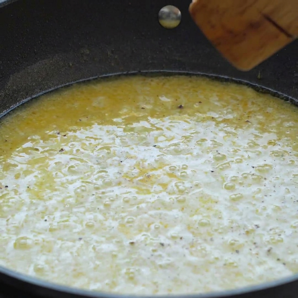 Una sartén llena de una salsa de mantequilla y limón amarilla cremosa a fuego lento siendo mezclada con una espátula de madera.