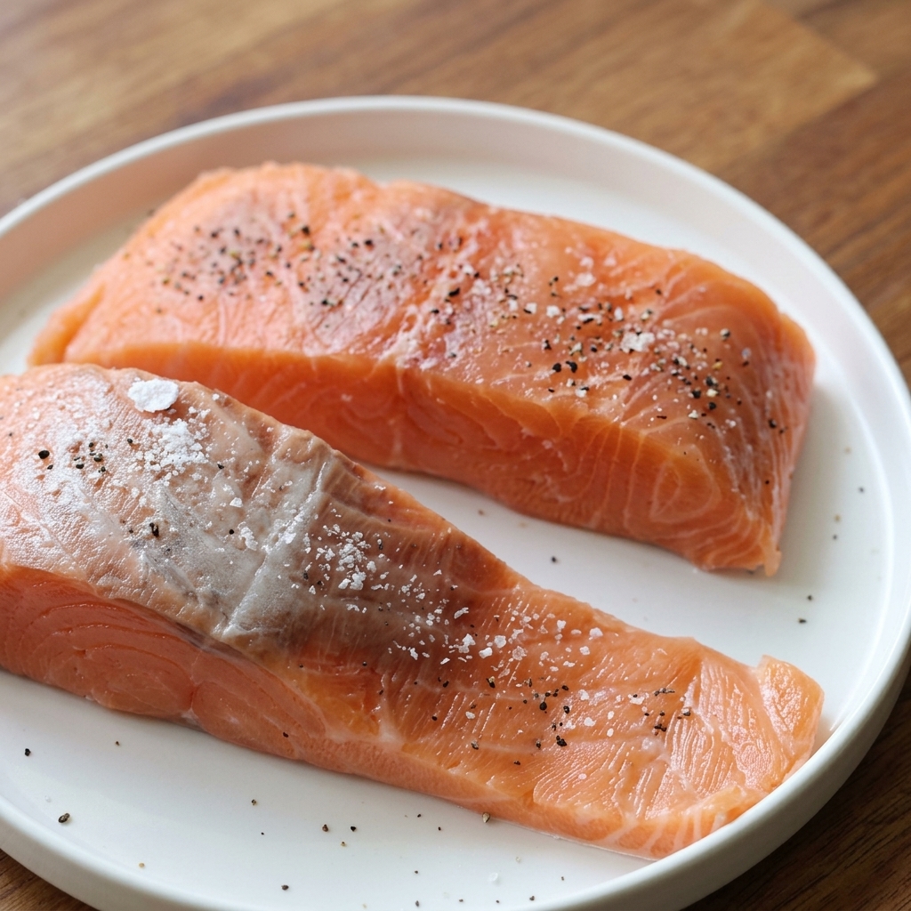 Dos filetes de salmón crudo en un plato blanco, generosamente sazonados con sal marina gruesa y pimienta negra.