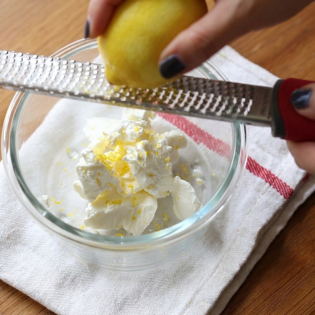 Manos usando un rallador para rallar un limón entero sobre un tazón de vidrio que contiene queso crema ablandado.