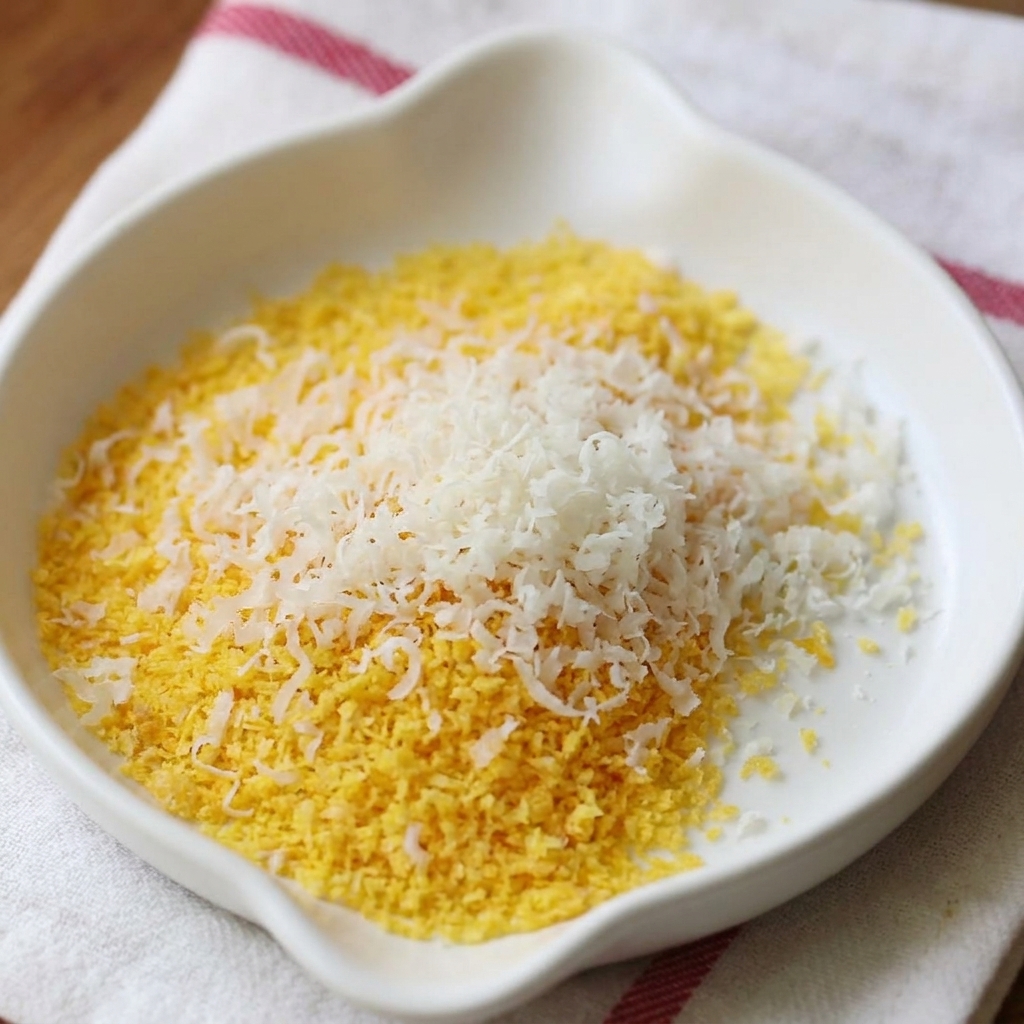 Un plato blanco pequeño que contiene una mezcla de pan rallado amarillo y queso parmesano blanco finamente rallado.
