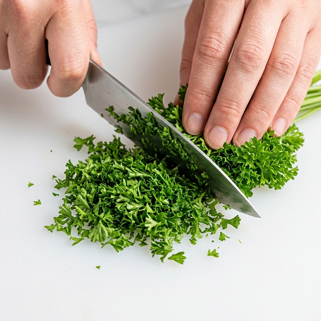 Manos picando finamente perejil rizado fresco en una tabla de cortar blanca con un cuchillo de chef.