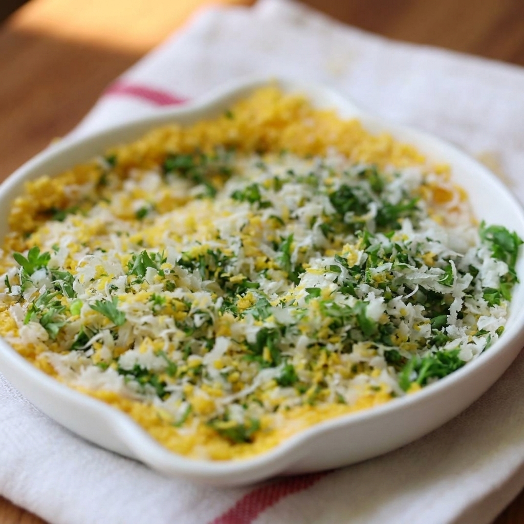 Un plato blanco que contiene una mezcla de pan rallado amarillo, queso parmesano blanco rallado y perejil verde picado.