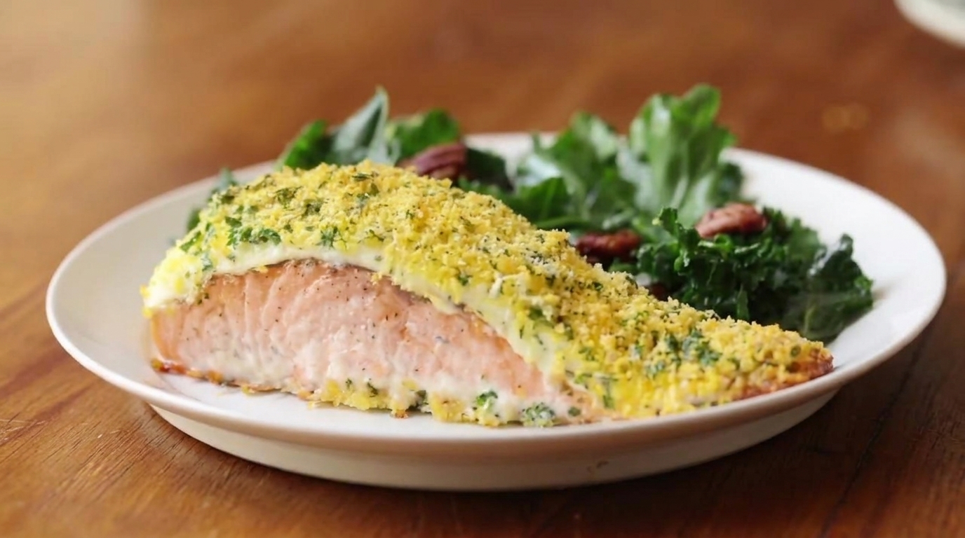 Un filete de salmón al horno con una costra dorada de parmesano y hierbas, servido con ensalada de col rizada en un plato blanco.