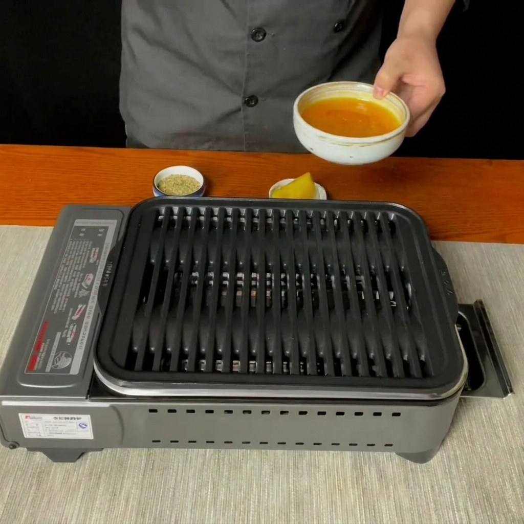 Un pincel amarillo aplicando aceite sobre las crestas de una sartén grill caliente.