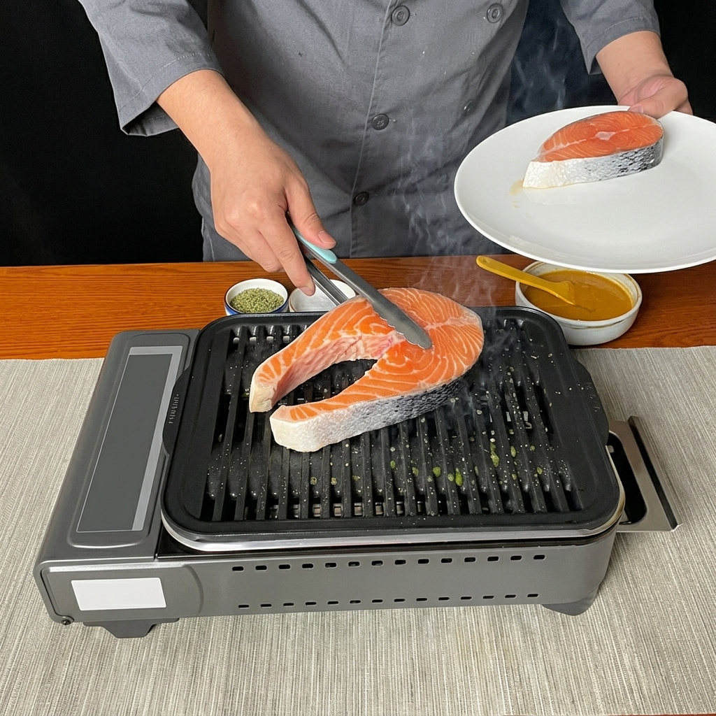 Filetes de salmón crudo siendo transferidos a una sartén grill caliente usando pinzas de metal.