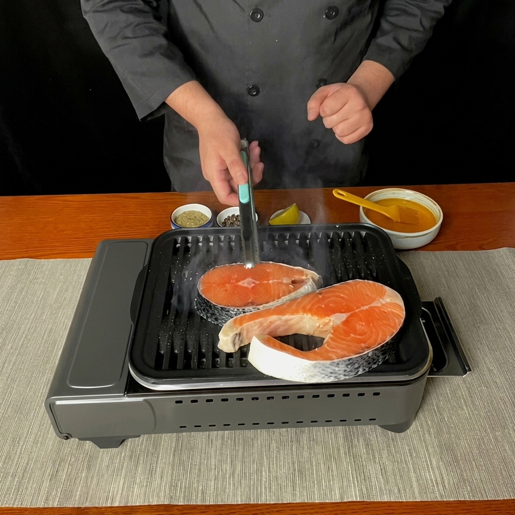 Filetes de salmón sellándose en la sartén grill con marcas de parrilla visibles.