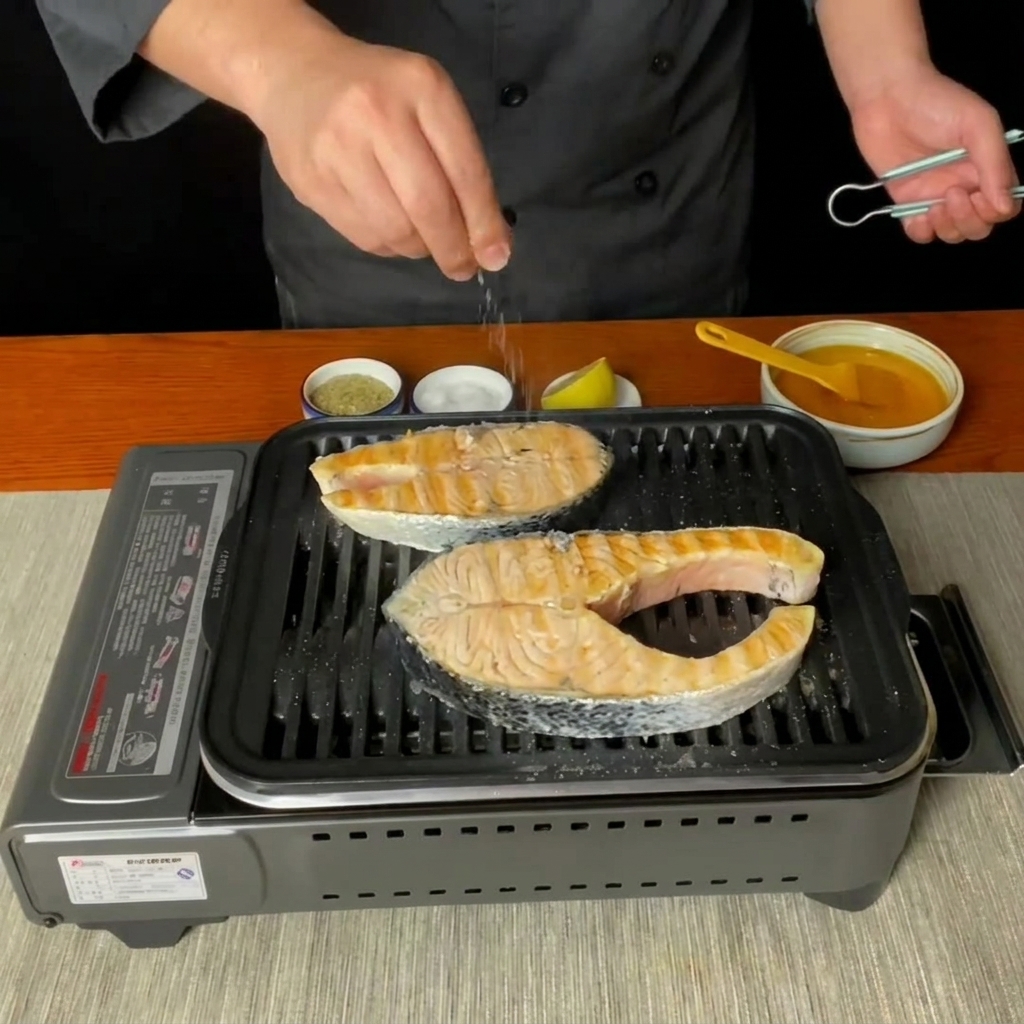 Sal siendo esparcida desde arriba sobre los filetes de salmón que se cocinan en la parrilla.