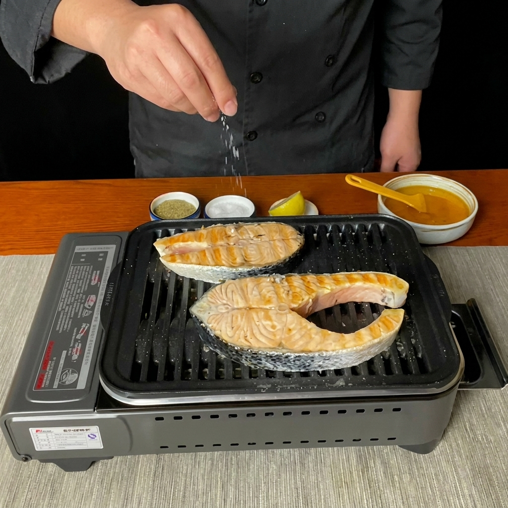 Romero seco siendo espolvoreado sobre los filetes de salmón en la parrilla.