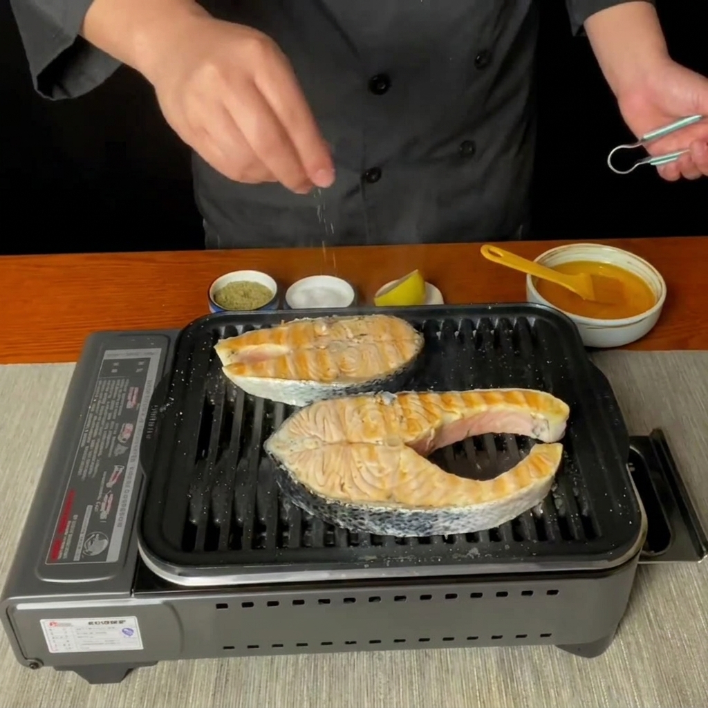 Jugo de limón fresco siendo exprimido sobre los filetes de salmón en la sartén grill.