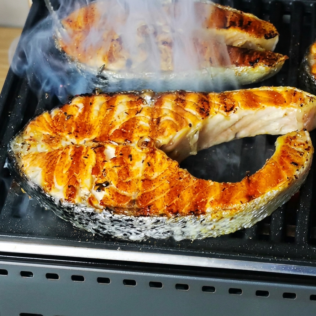 Filetes de salmón a la parrilla en una sartén caliente con vapor elevándose a su alrededor.