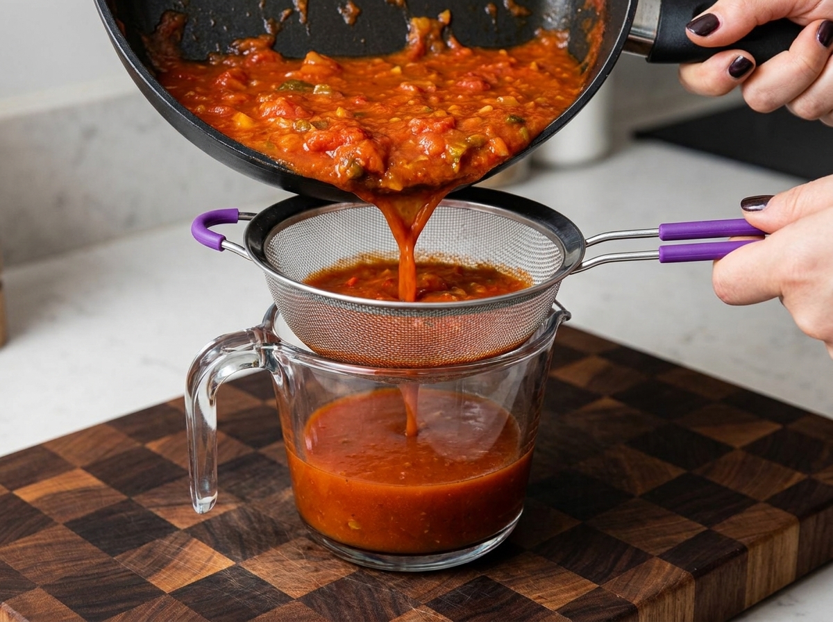 Caldo rojo caliente vertido desde una sartén a través de un colador metálico hacia una jarra medidora transparente.