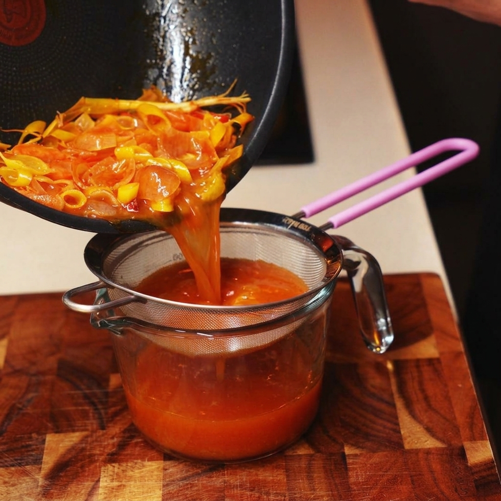 Tomates rojos en dados y champiñones añadidos a una sartén llena de caldo aromático.