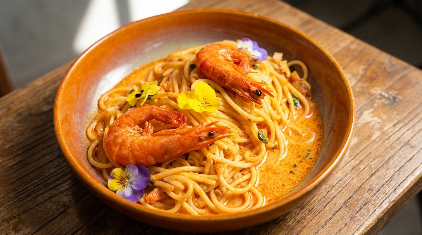 Pasta Tom Yum cremosa con langostinos