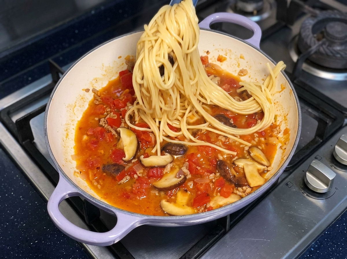 Pinzas levantando una porción de fideos espagueti cocidos en alto sobre una sartén llena de salsa de tomate roja burbujeante.