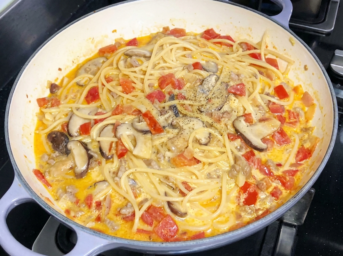 Espagueti cremoso mezclado con tomates y champiñones en una sartén, espolvoreado con pimienta negra recién molida.
