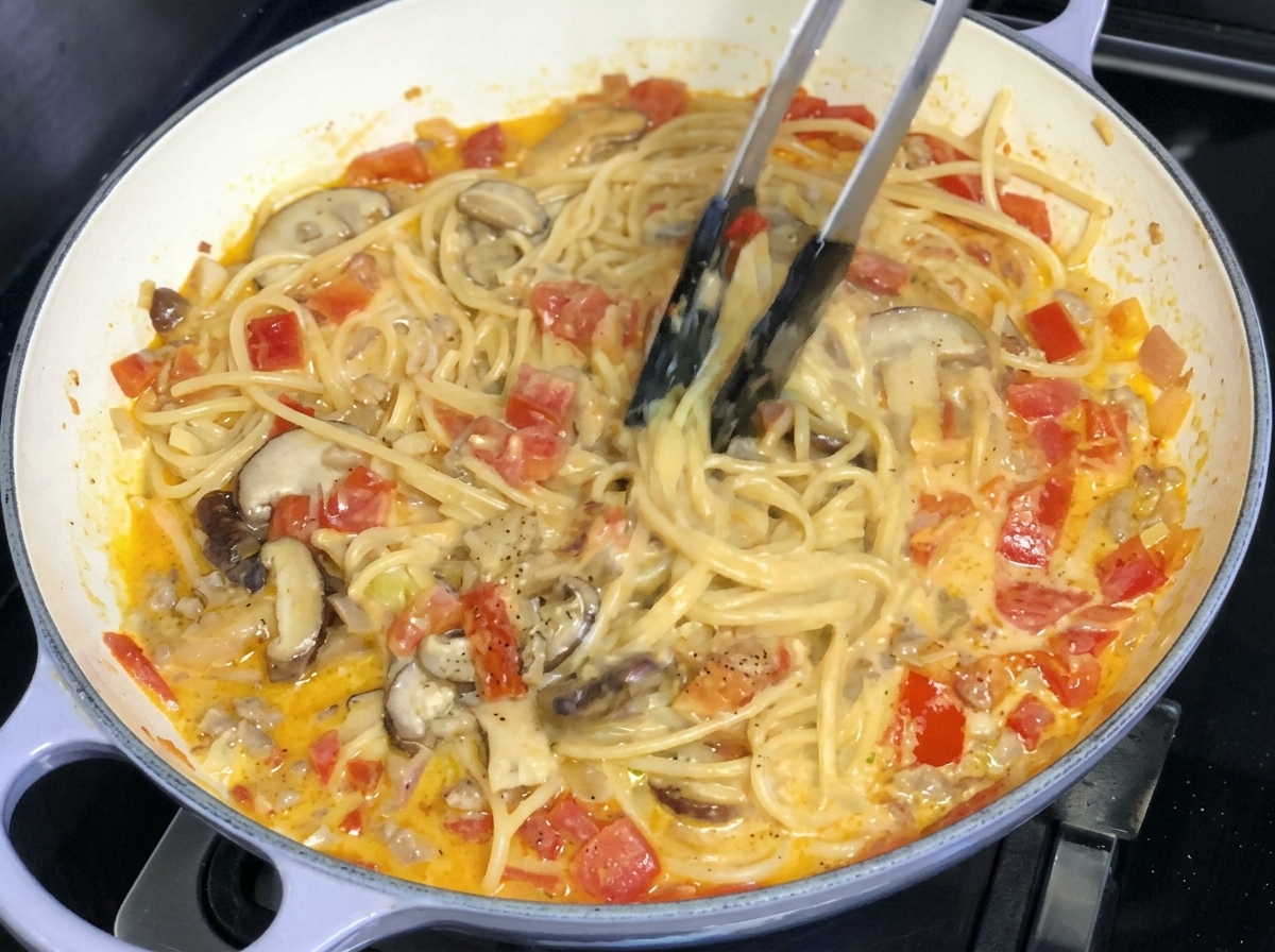 Queso duro siendo rallado fresco sobre la parte superior del plato de pasta con pinzas visibles.