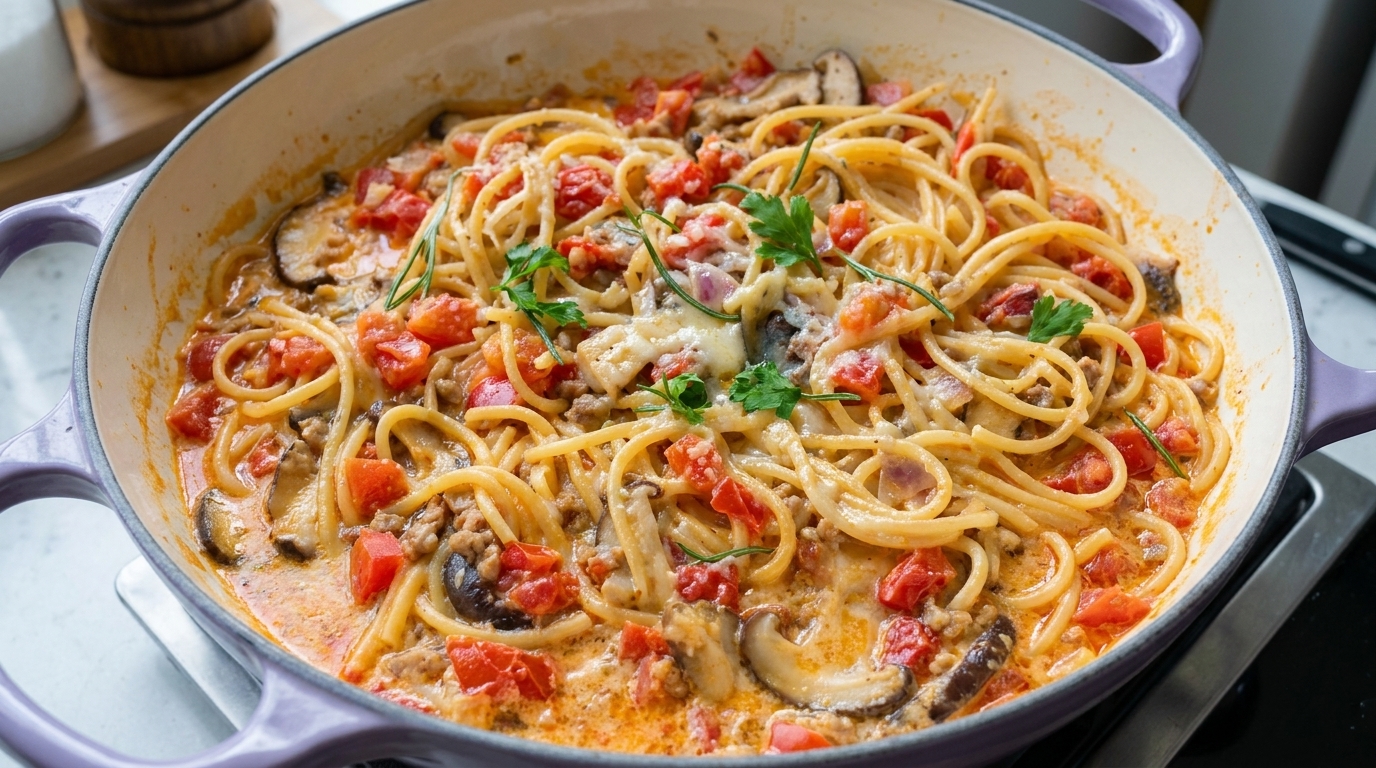 Espagueti Cremoso con Tomate y Champiñones