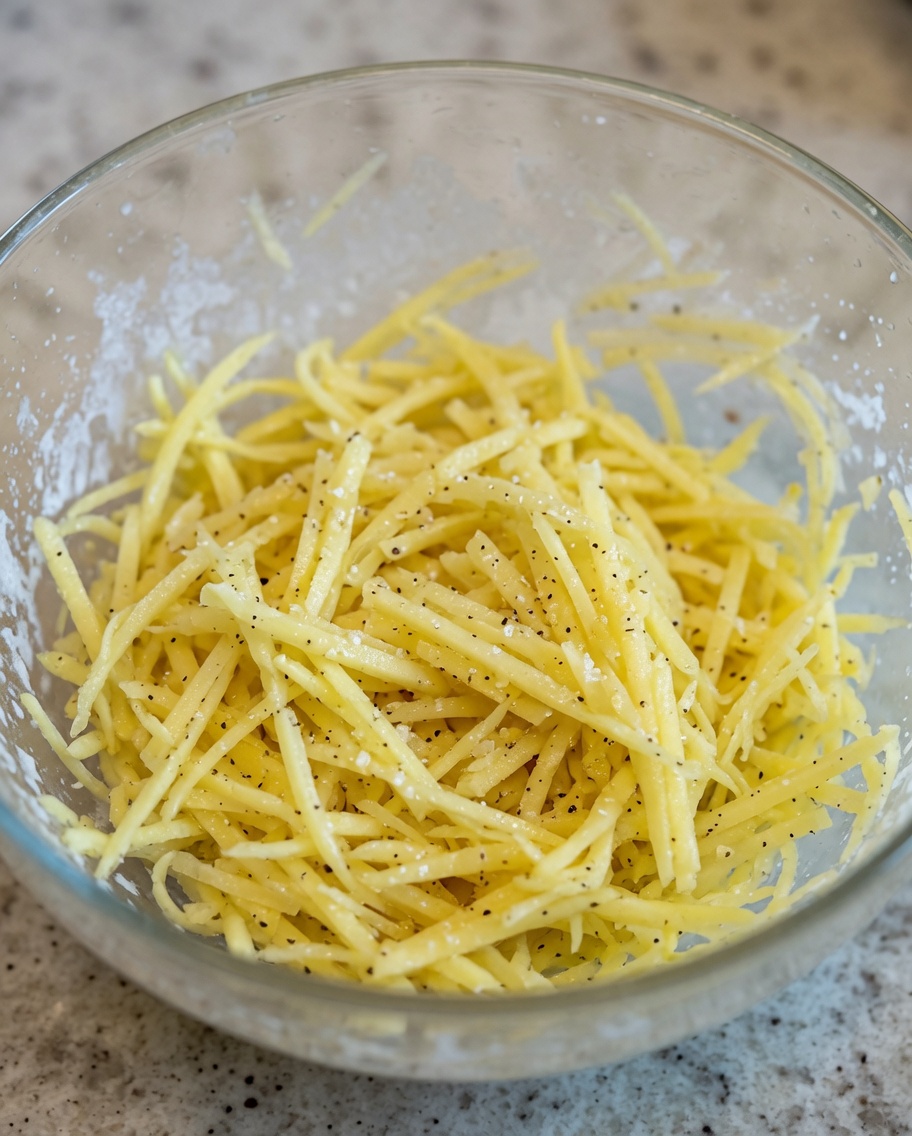 Patatas ralladas condimentadas en un bol de cristal transparente ligeramente cubiertas con una pizca de harina.