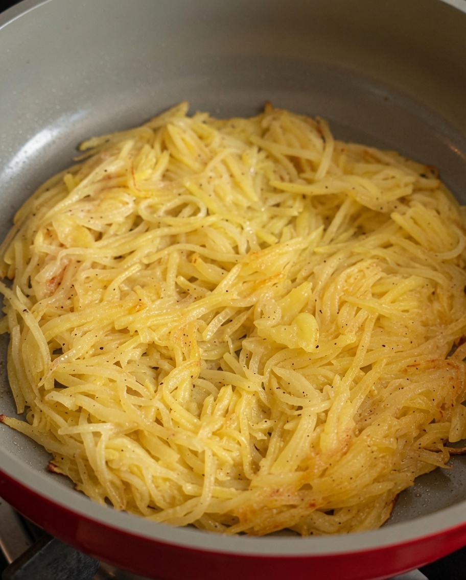 Una tortilla redonda de patata rallada cocinándose en una sartén, dorándose por los bordes formados.