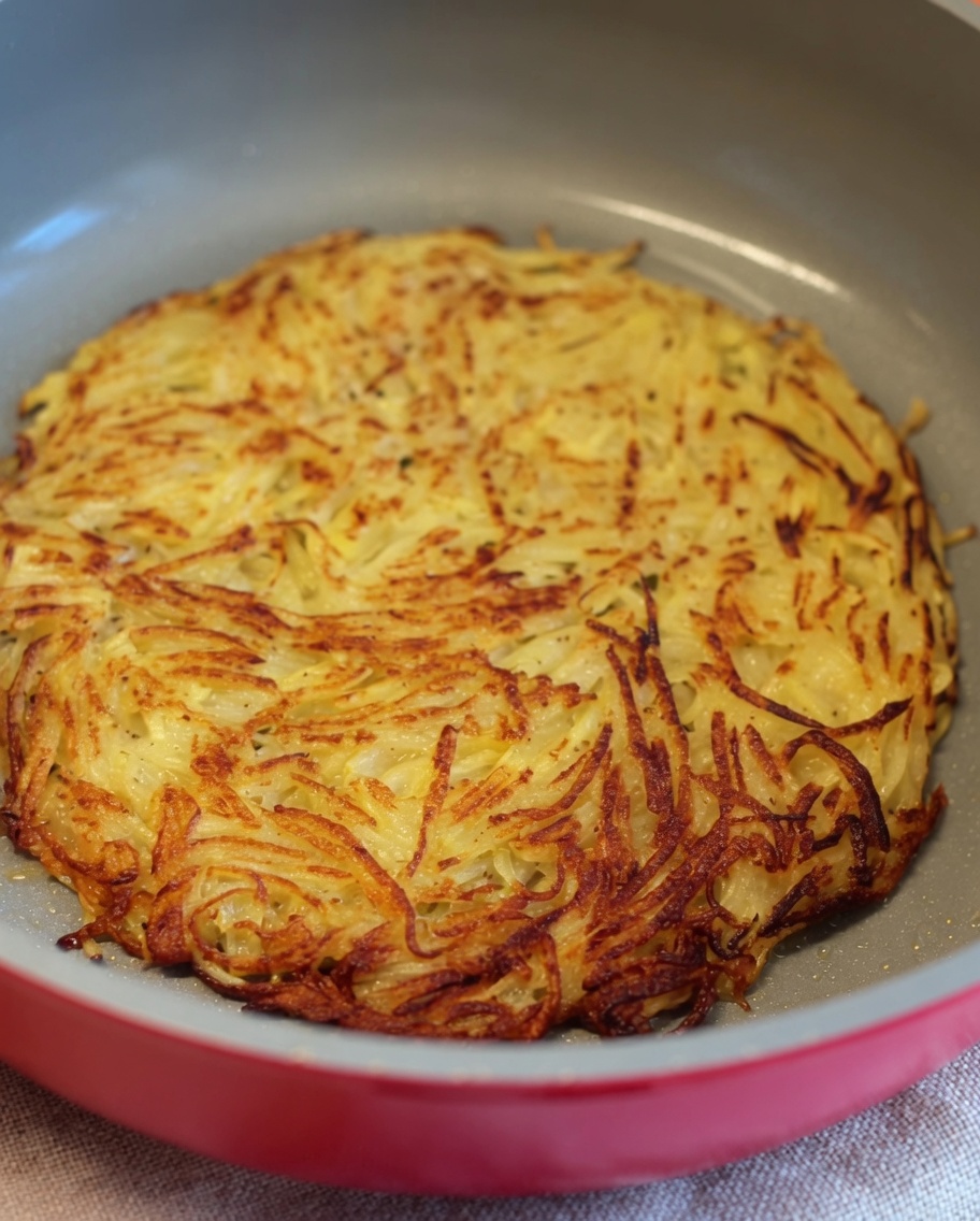 Una tortita redonda de patata, perfectamente dorada y crujiente, reposando dentro de una sartén antiadherente.