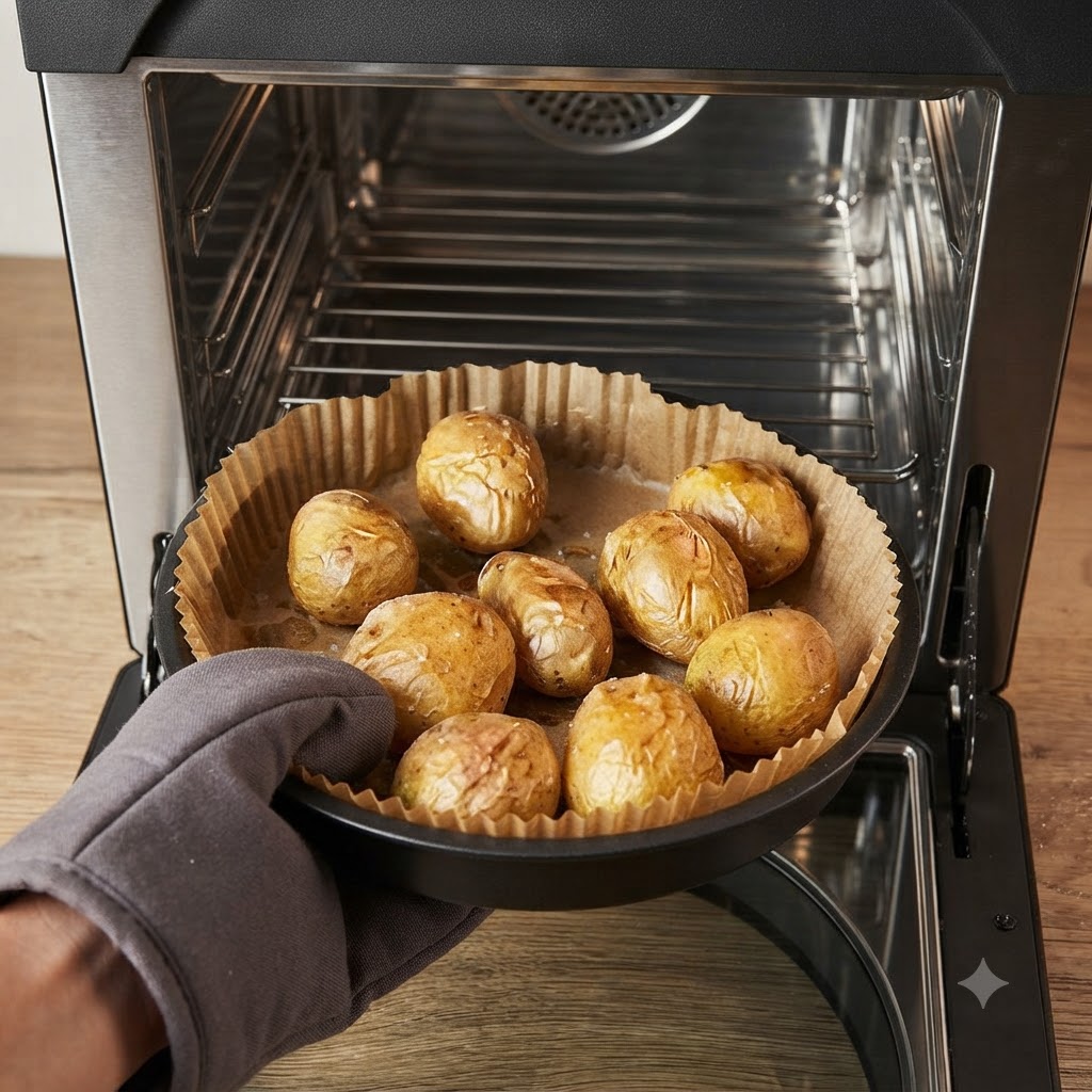 Una mano con manopla de horno sosteniendo una bandeja de patatas horneadas mientras se presionan hacia abajo.