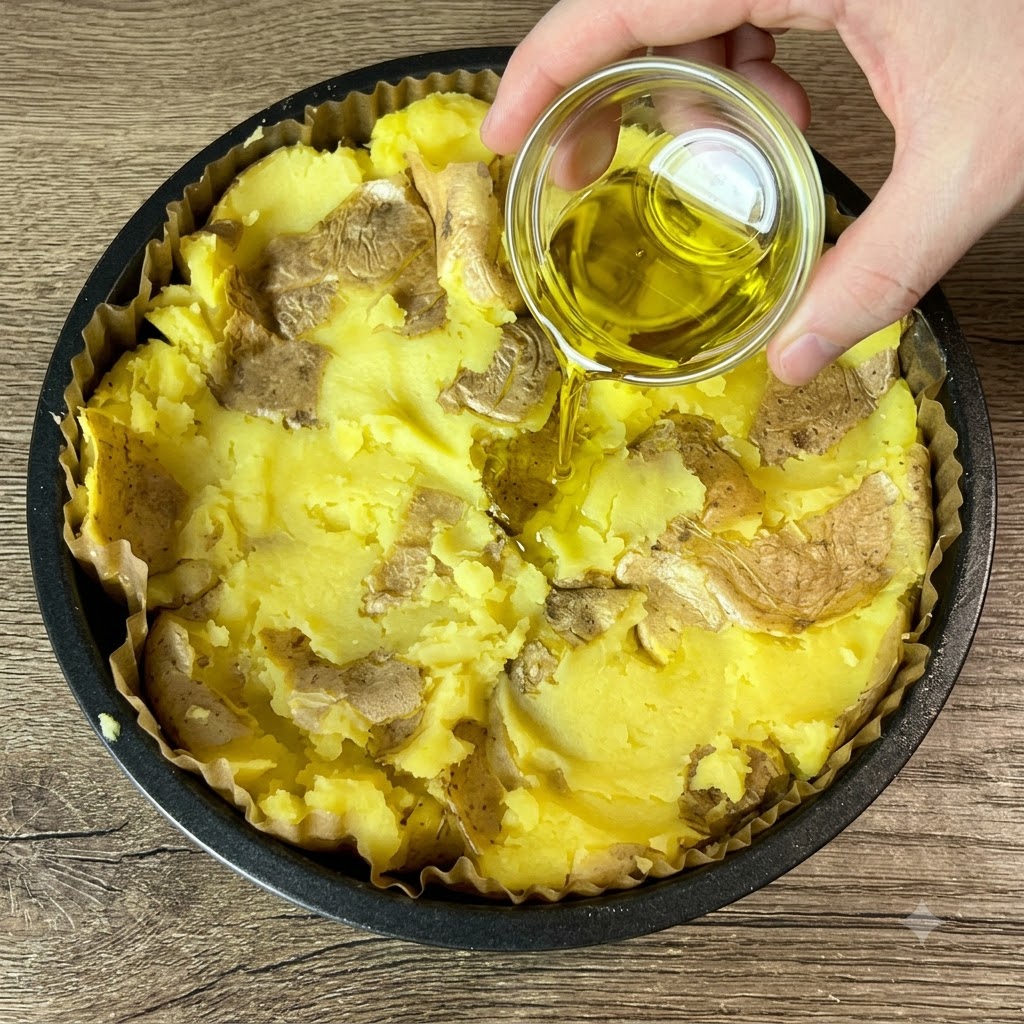 Aceite de oliva cayendo desde un cuenco de cristal pequeño sobre la superficie de las patatas aplastadas en una bandeja.