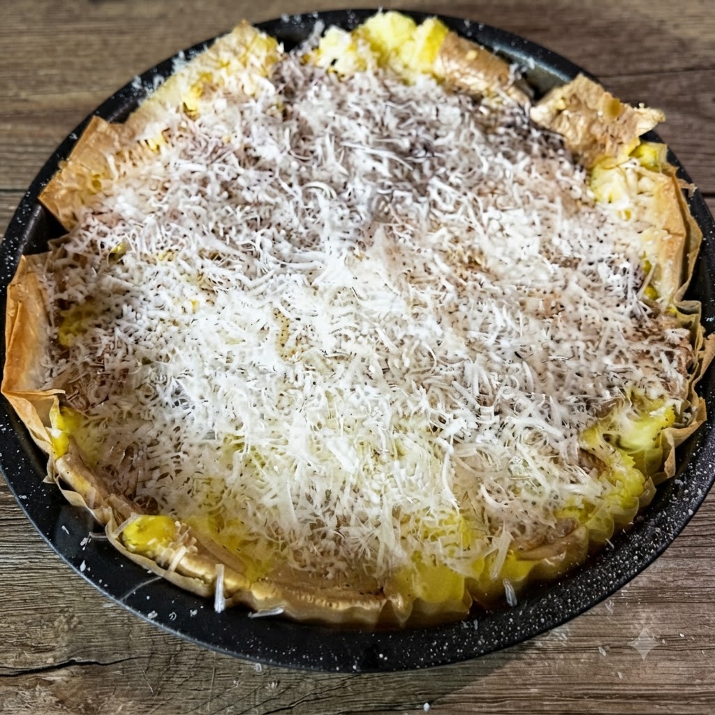 Una bandeja de horno llena de patatas aplastadas cubiertas por una capa gruesa de queso blanco recién rallado.
