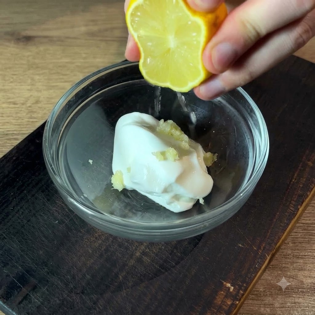 La mitad de un limón fresco siendo exprimido sobre un cuenco de cristal con crema agria y ajo picado.