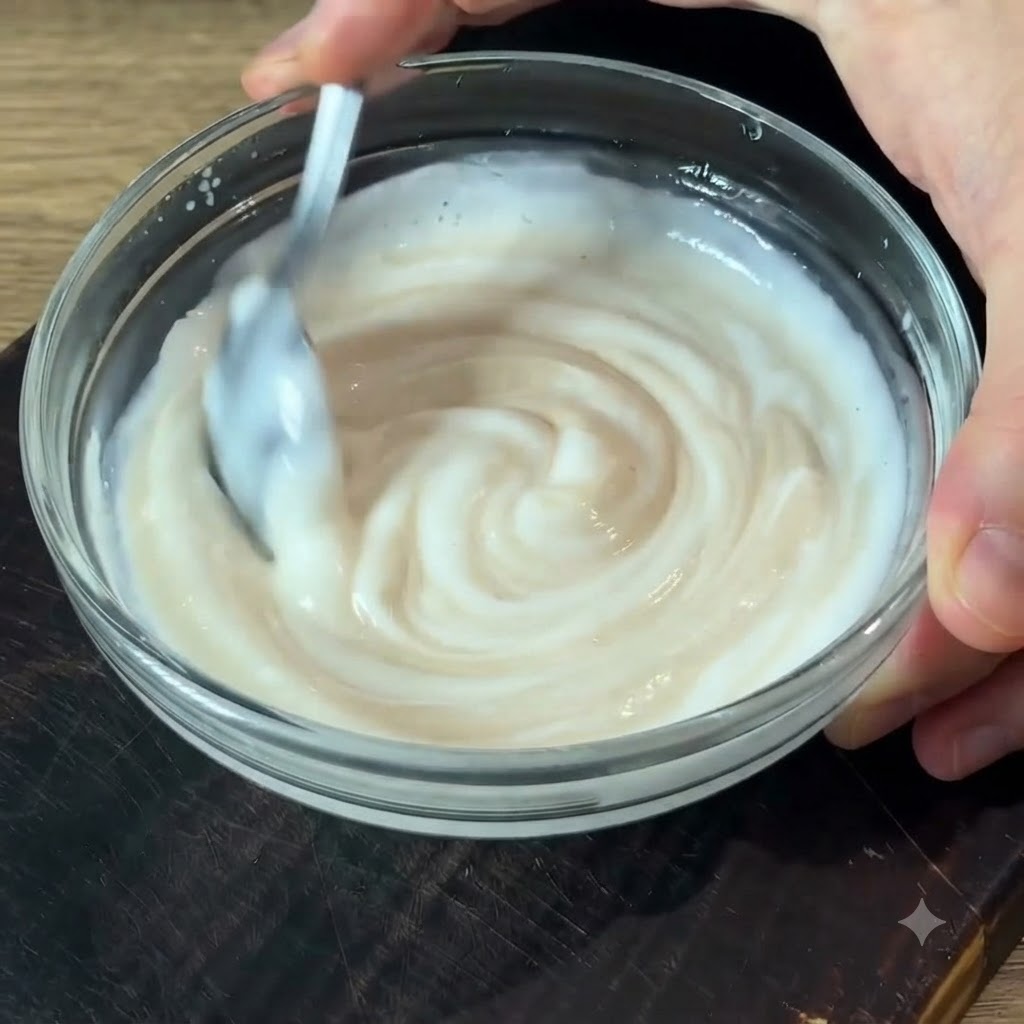Una cucharada de salsa blanca cremosa siendo esparcida suavemente sobre una base de patata dorada en un plato blanco.