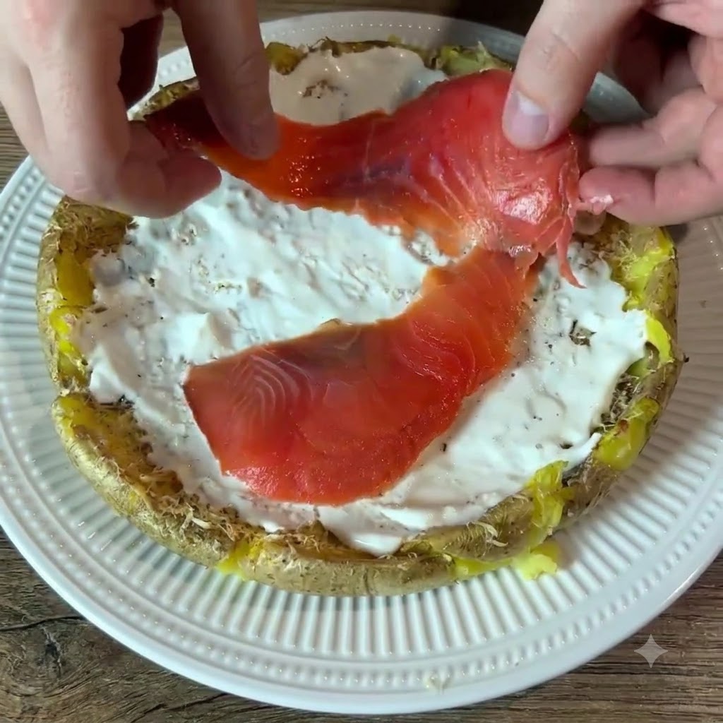 Manos colocando lonchas de salmón ahumado de color naranja brillante sobre la base de patata con salsa blanca.