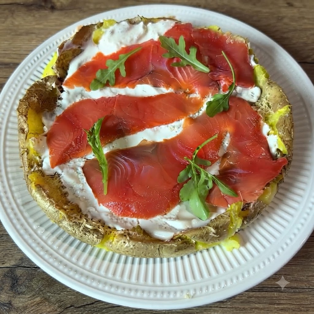 Hojas de rúcula verde fresca siendo repartidas sobre la capa de salmón ahumado y crema en una pizza de patata.