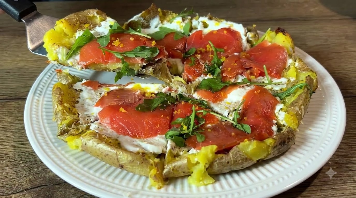 Pizza crujiente de patata aplastada y salmón ahumado