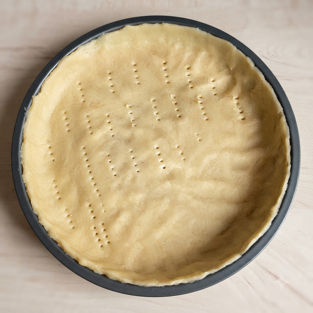 Primer plano de una base de tarta redonda y dorada siendo perforada con un tenedor varias veces.