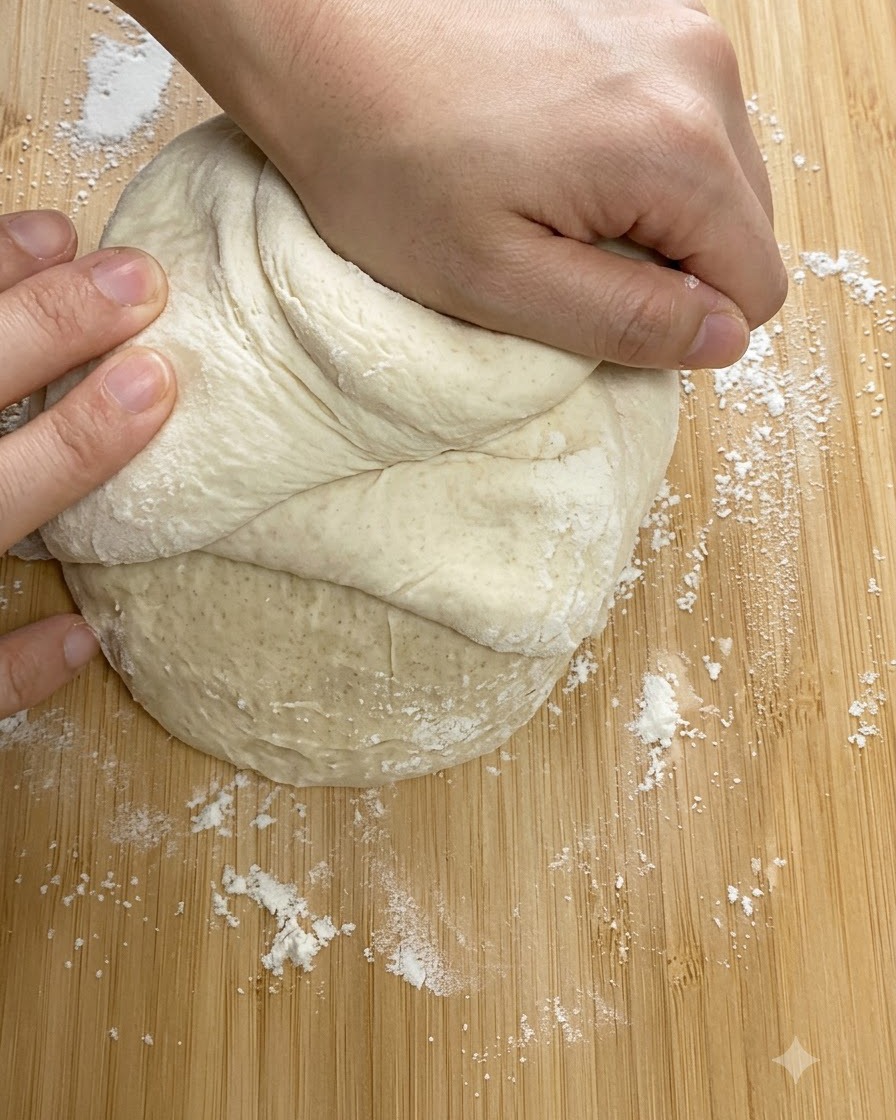Manos amasando firmemente una bola de masa de pizza sobre una superficie de madera.