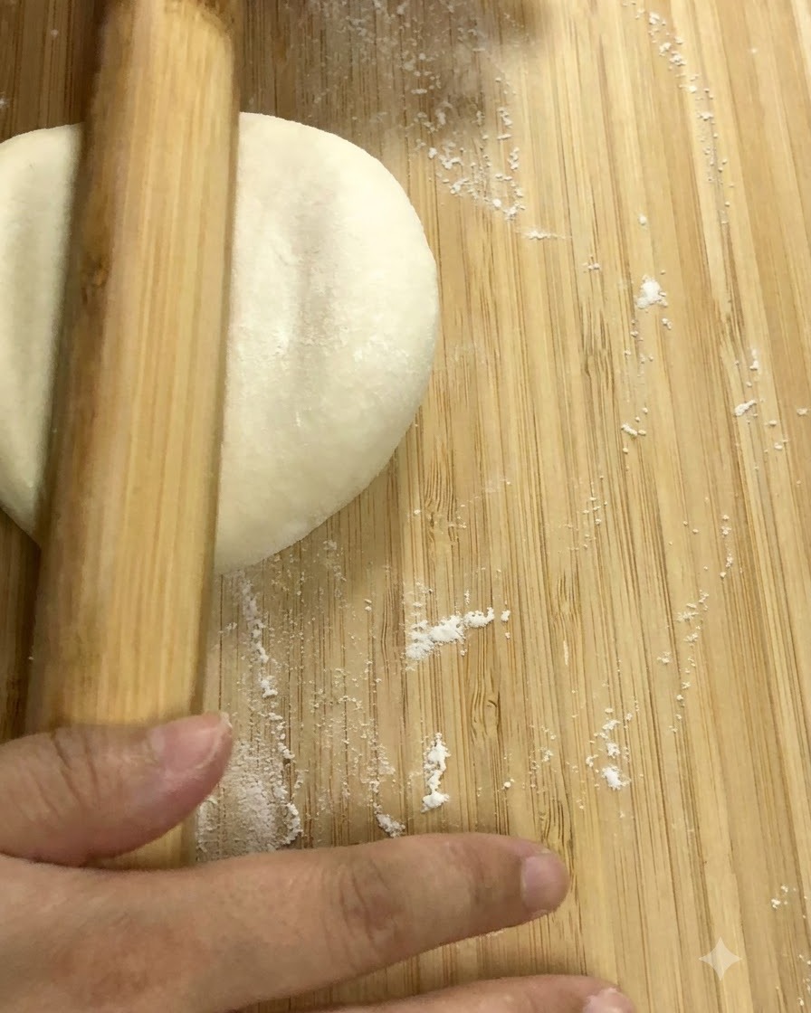 Un rodillo de madera aplanando un trozo de masa redondo y suave sobre una tabla de madera.
