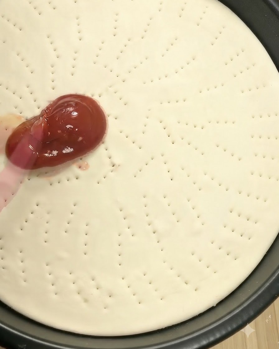 Una espátula de silicona rosa extendiendo salsa de tomate roja sobre la superficie de la masa de pizza.