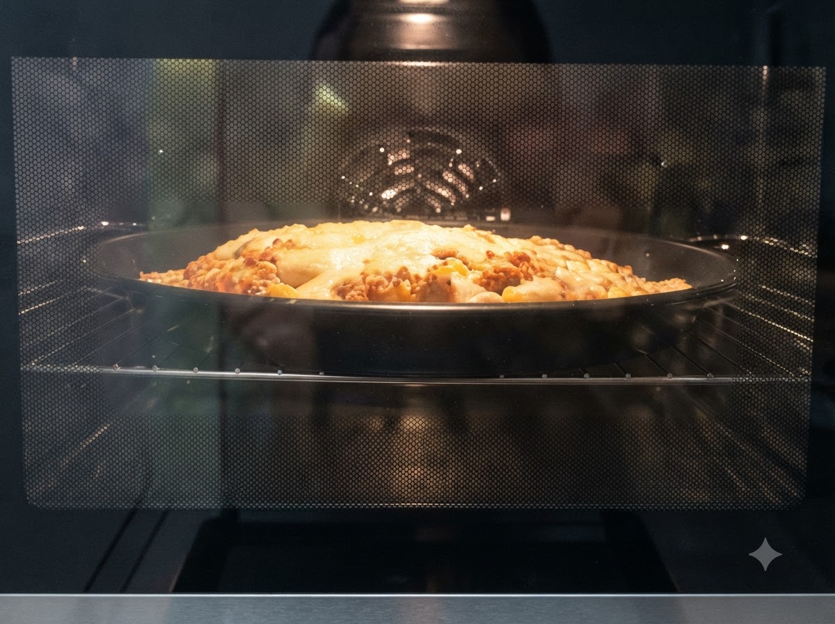 Una pizza horneándose dentro de un horno con la luz interna encendida, mostrando el queso derretido y burbujeante.