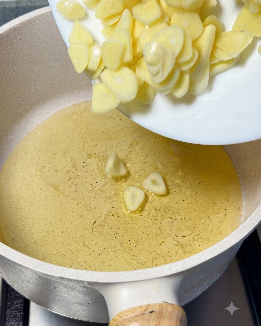 Rodajas de ajo siendo añadidas a una olla con aceite en la estufa para freírse.