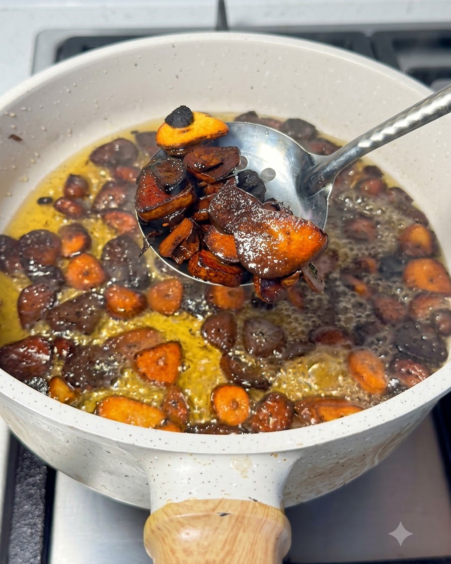 Una cuchara ranurada levantando rodajas de ajo doradas y carbonizadas del aceite caliente en una olla.