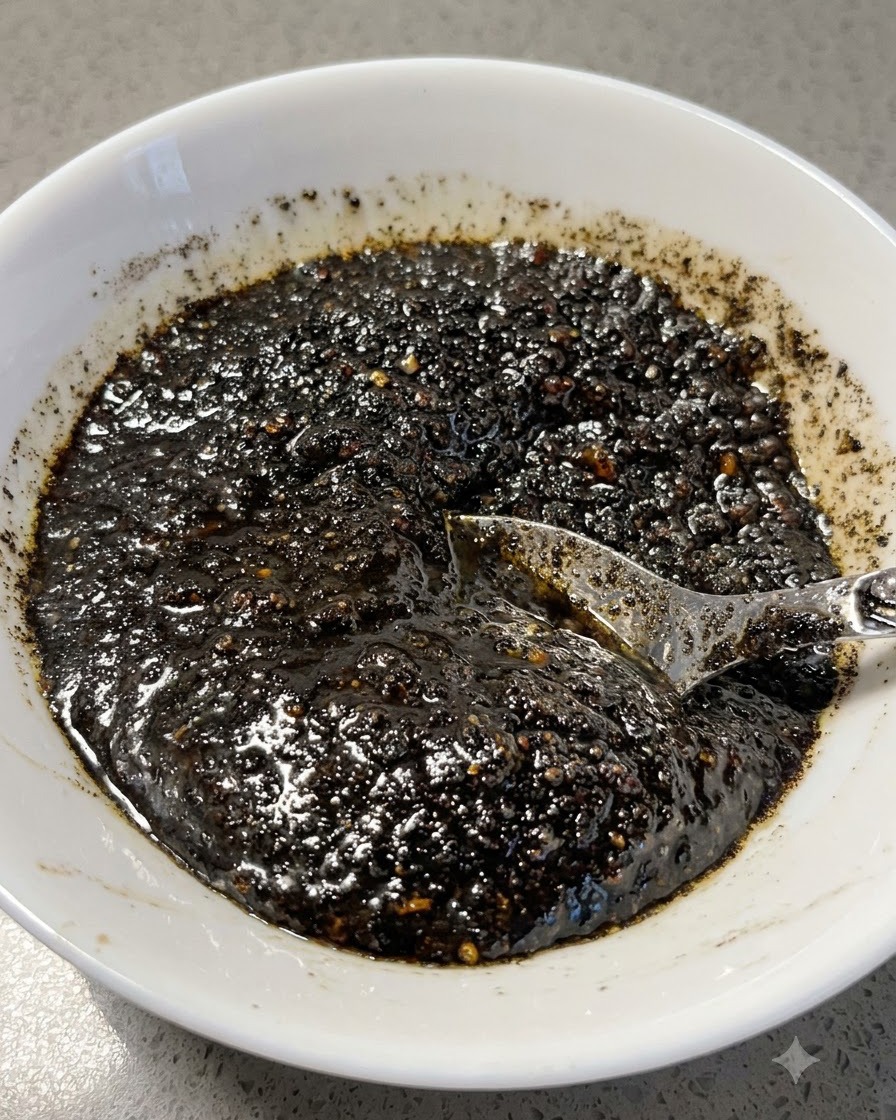 Pasta de aceite de ajo negro licuada dentro de un tazón blanco con una cuchara.