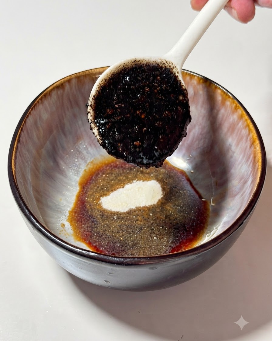 Cuchara vertiendo aceite de ajo negro oscuro en un tazón que contiene salsa de soja sazonada, ajo en polvo y caldo tonkotsu.