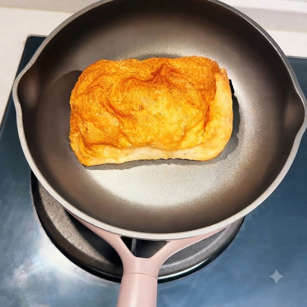 Un trozo de pan ciabatta dentro de una sartén en la estufa.