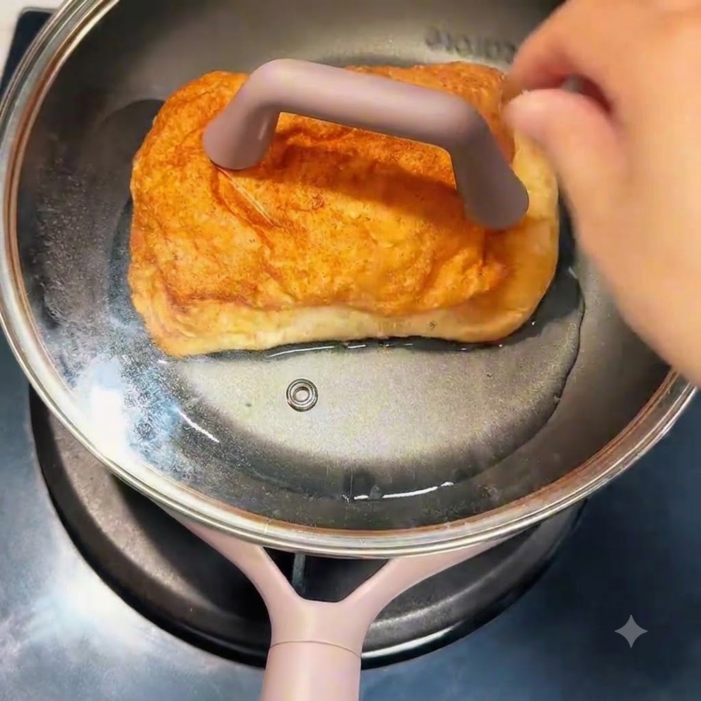 Un bloque redondo de fideos instantáneos cayendo en agua hirviendo dentro de una olla.