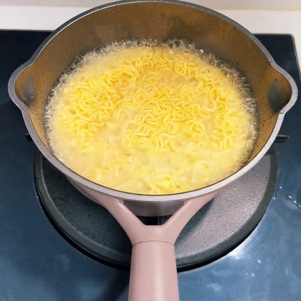Escurriendo el agua de una olla con fideos instantáneos cocidos.