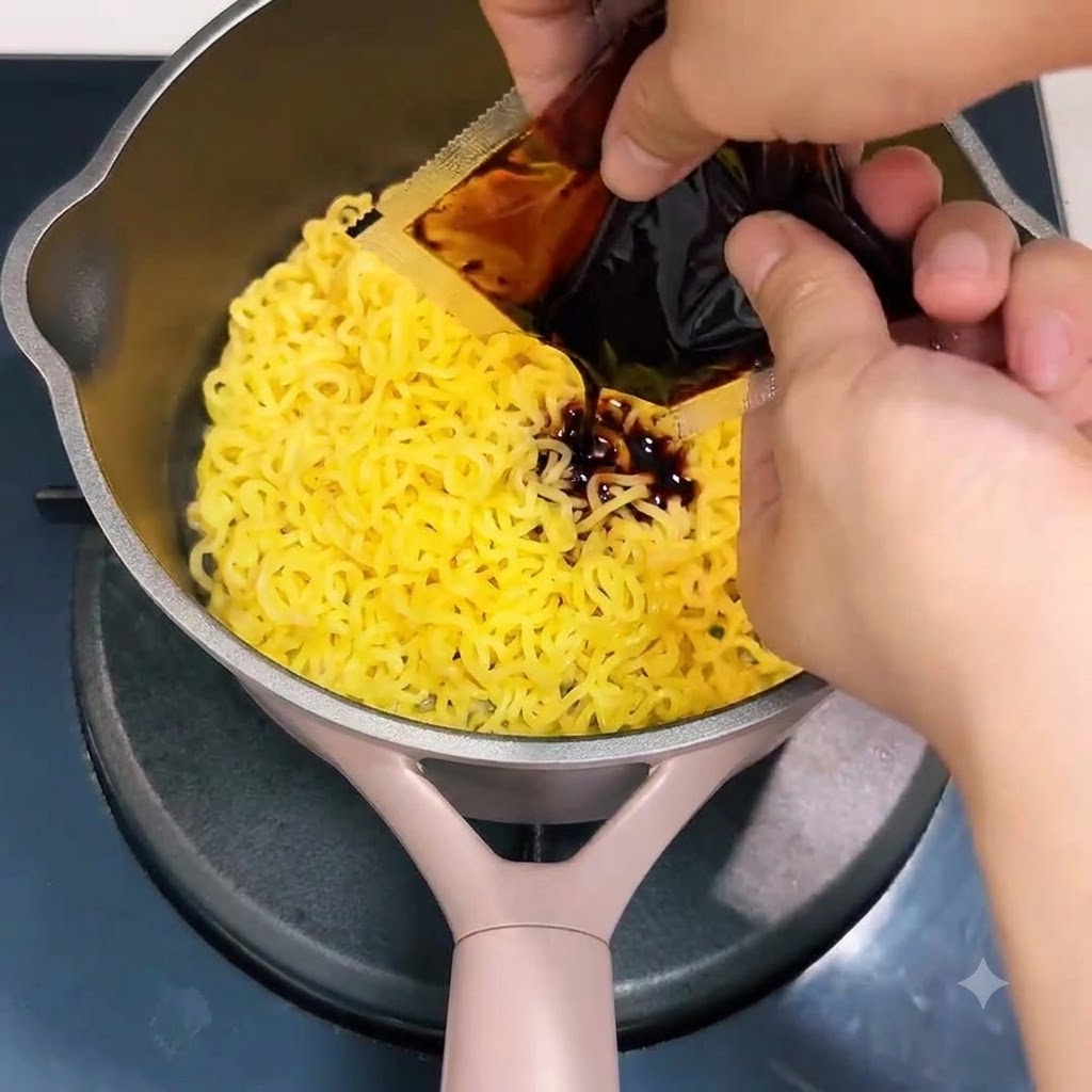 Salsa buldak roja siendo exprimida de un sobre directamente sobre los fideos amarillos en una olla.